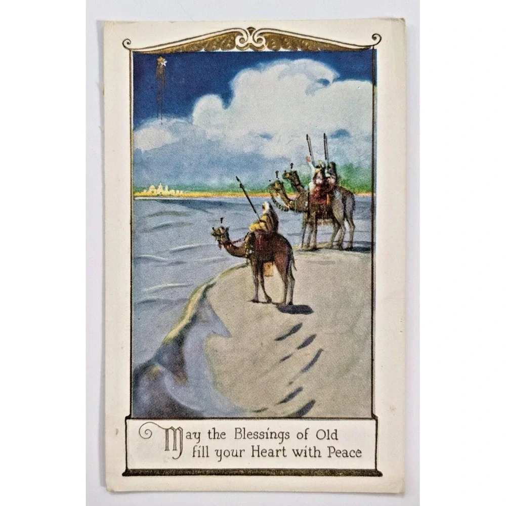 Antique Christmas Greetings Postcard‎ Three Wise Men on Camels Religious Scene